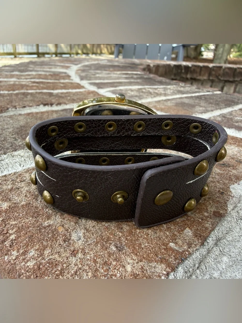 Gold-Tone Women's Wrap Watch with Brown Studded Leather Strap
